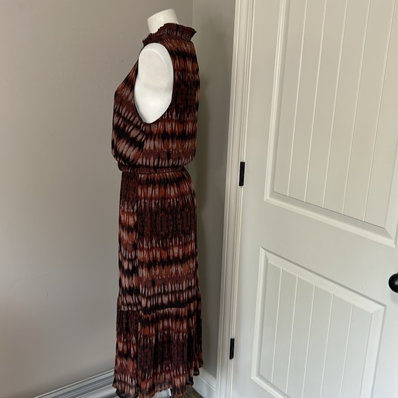 Evereve Gretta Midi Dress Mock Neck Tiered Pockets Brown Black Mesh Sz XL NEW - Picture 9 of 14